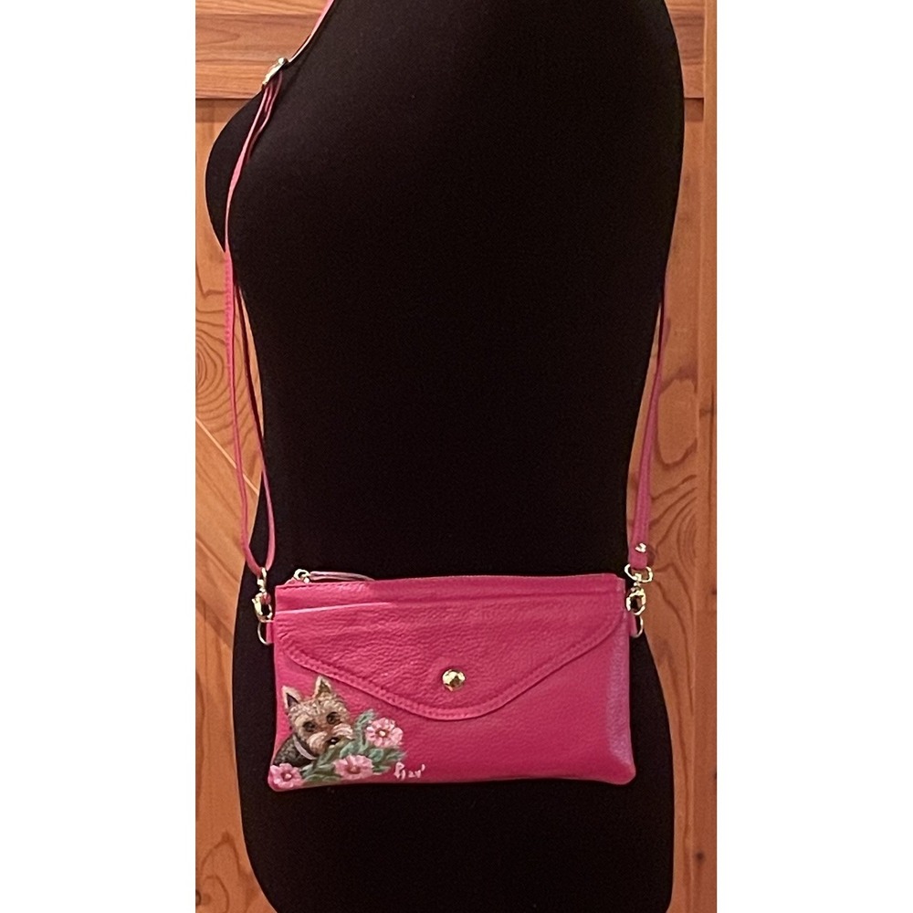Hot Pink Wristlet Crossbody Wallet Hand Painted Yorkie Dog Bag NWOT